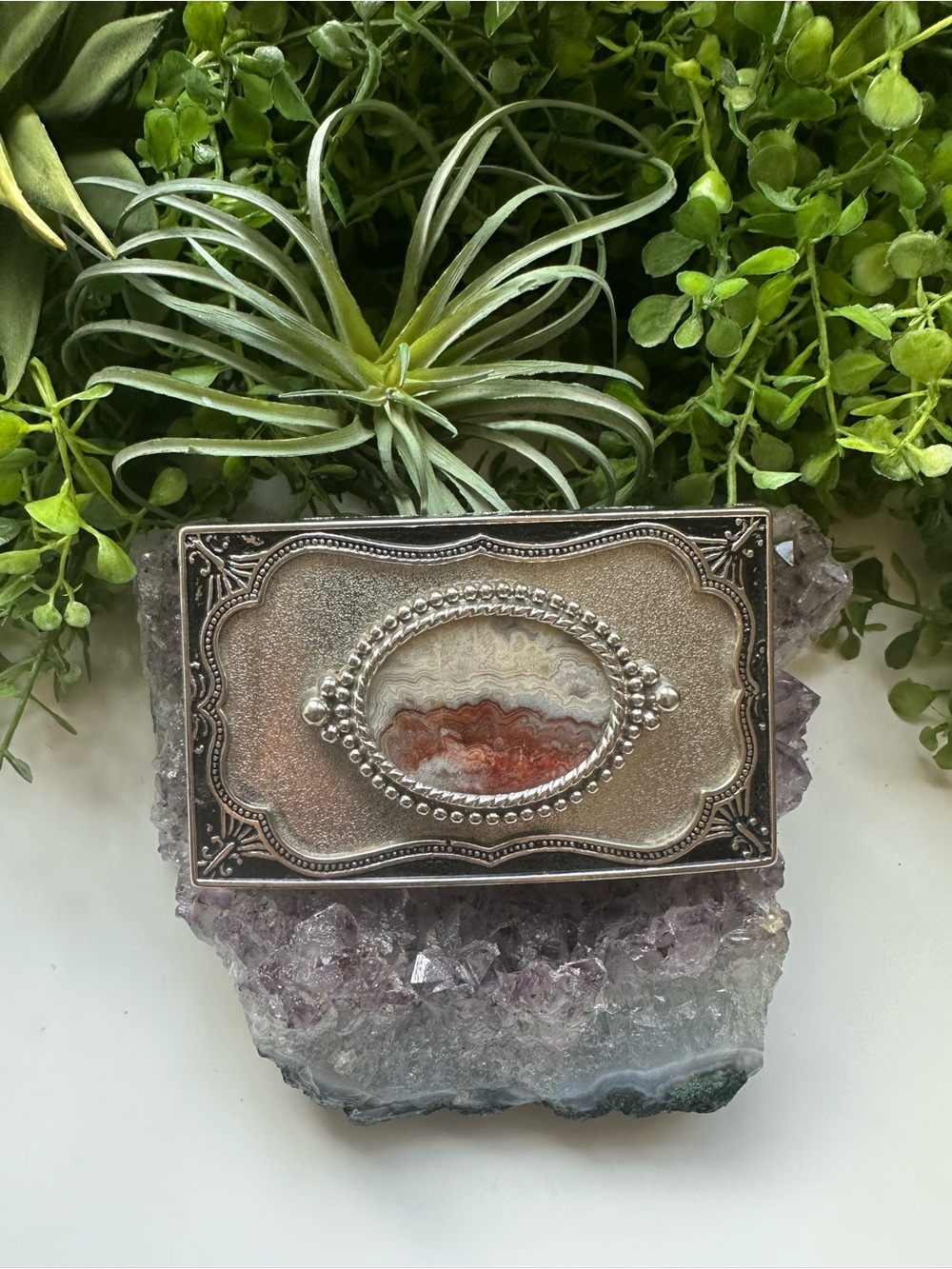 Antique-Style Silver Belt Buckle with Resin Agate Center